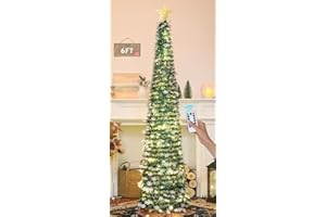 HMASYO 6FT/1.8M Pop Up Tinsel Christmas Tree with 100 Timer Lights & Remote, Collapsible Artificial Pencil Tree Xmas Decoration for Home, Office, Party, USB Powered, Easy Assembly