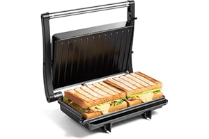 VonShef Panini Press Grill – Sandwich Toaster 2 Slice with Non-Stick Plates, 1000W, Deep Fill Toastie Maker with Floating Hinge, Auto Temperature Control, Easy Clean, Stainless Steel – Black