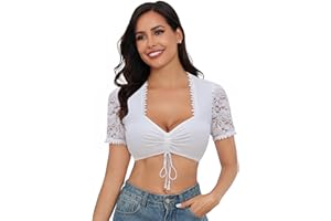 Zeagoo Dirndl Bluse Damen Spitze Dirndlbluse Weiß Kurzarm Trachtenblusen V Ausschnitt Spitzenbluse Schwarz Oktoberfest Blusen XS-3XL