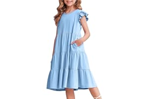 Arshiner Ragazze Abito Estivo con Maniche A Balze Abito per Il Tempo Libero in Cotone per Bambini con Scollo Rotondo Maniche Corte Swing Abiti da Festa per Bambine 4-14 Anni