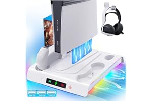 Labtec PS5 / Slim/Pro Stand with Cooling Fan and RGB Light, Dual Controller Charging Station for PS5/Slim/Pro Console with 5 Game Slot and 3 USB Ports, PS5 accessories