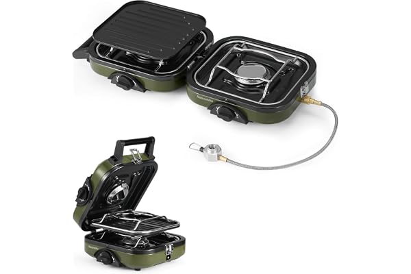 Naturehike Campinggasspis 2 lampor, vikbar gasspis med grillplatta, 2-i-1 brännare, bärbar för camping, piezo-tändning, kompatibel med isobutan, perfekt för utomhusmatlagning
