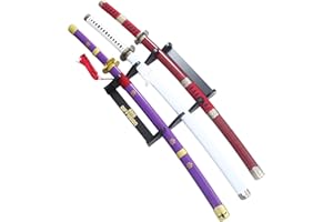 RKS DIFFUSION Pack 3 Katanas One Piece en Bois - Lame Zoro Sabre Epee Enma Wado Kitetsu - Cosplay Camping + Présentoir