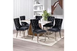 SoarFlash Ensemble de 6 Chaises de Salle à Manger en Velours, Dossier à Ailes, piquetage à Boutons, Garniture rivetée, Anneau de Dossier et Jambes en métal argenté, Noir