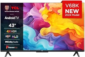 TCL 43V6BK 43-inch 4K Ultra HD, HDR TV, Smart TV Powered by Android TV (Dolby Audio, Voice Control, Compatible with Google Assistant, 2024 New Model)