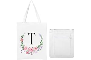 JNSMFC Floral Initial Canvas Tote Bag for Women,Personalized Letter Aesthetic Tote Bag with Zipper and Pocket
