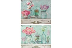 DCINE Cuadros Motivo Floral tonalidades Azules y Rosas sobre Madera Set de 2 Unidades de 19 cm x 25 cm x 4 mm unid. Adhesivo FÁCIL COLGADO. Adorno Decorativo. Decoración Pared hogar