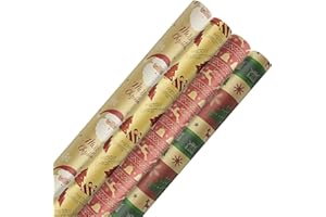 MJNEDY 4 rollos de papel de regalo Kraft navideño de 43 cm x 3 metros, papel de regalo reciclable con estampado de Papá Noel, árbol y alce para Navidad, cumpleaños, decoración de regalos de fiesta