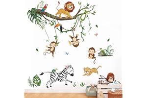 wondever Tatuaż ścienny dżungla, zwierzęta, drzewo, naklejka ścienna, małpa, lew, zebra, dekoracja ścienna do pokoju dziecięcego, pokoju dziecięcego, salonu