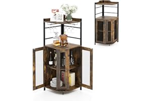 ‎KOMFOTTEU KOMFOTTEU Barschrank mit verstellbarem Regal, Eckschrank Holz mit Glashalter & Metallgittertüren, Weinschrank Barwinkel für Küche, Wohnzimmer, Esszimmer, 46 x 46 x 130 cm (Braun)