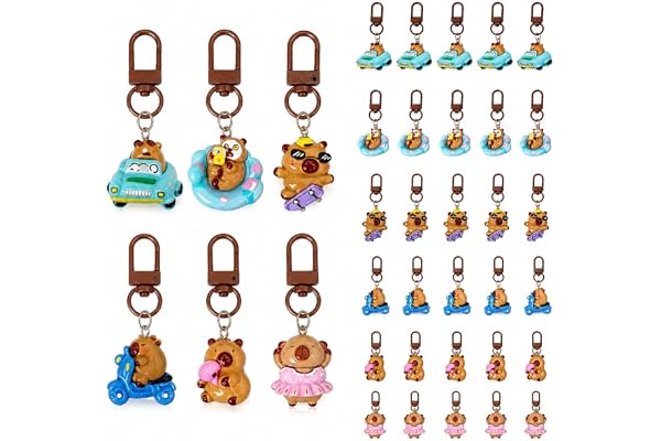 ZhouWei 30 stycken Capybara nyckelhållare, Kapibara söt nyckelring innehåller mångfald roliga former i harts kawaii nyckeldörrar, Capybara nyckelring för kvinnor att hänga på nycklar och väskor
