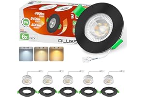ALUSSO LIGHTING Spot LED Encastrable Noir 6W 230V, Trou Φ68-75mm, Dimmable 3CCT Chaud Naturel Froid Blanc, 540lm Plafonnier Encastré, IP44 Étanche Spots de plafond Salle de Bain, Lot de 6