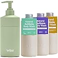 Wild Natural Refillable Body Wash Starter Kit - Includes Sage Green Aluminium Case & 3 Pack Shower Gel Refills in a Variety of Scents - Includes Coconut & Vanilla, Fresh Cotton and Amber & Oud Scents
