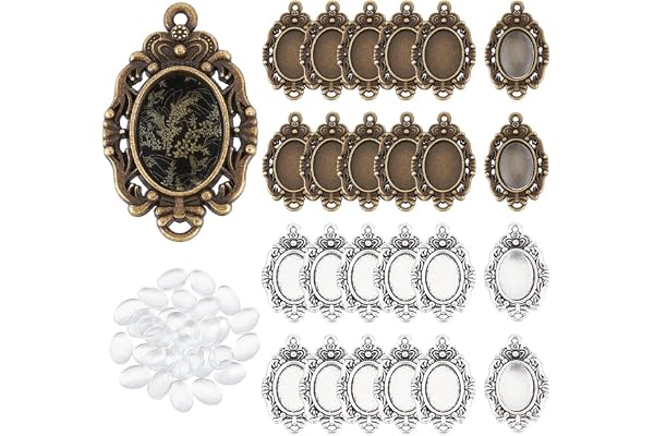 UNICRAFTALE 60 st 2 färger tibetansk stil rostfritt stål ovala Cabochon-hängen med Cabochon-plattor, Virgin Lens hängsmycke, kristall cabochons prydnad för smycken