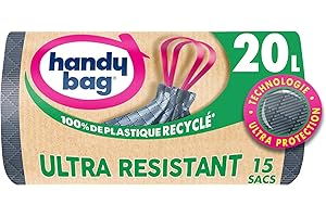 Handy Bag - Sacs poubelle à poignées coulissantes Ultra Résistant 20L x 15 sacs - Ultra Protection : trame et film triple épaisseur - Fond anti-fuite - Étanchéité maximale - 100% plastique recyclé