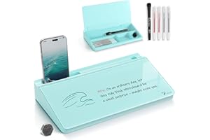 TOWON Small Glass Desktop Whiteboard with Storage – 30 x 17 cm Dry Erase Board for Desk, Home Office, School | Includes 5 Markers, Eraser & Holder | Space-Saving Organizer, Aesthetic Teal Blue Design