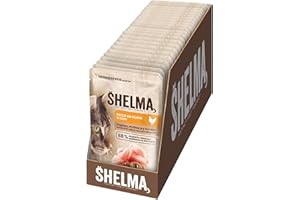 Shelma Katzen-Nassfutter mit Huhn in Sauce mit Tomaten und Kräutern – Getreidefreies Alleinfuttermittel mit hohem Fleischanteil – 28 x 85 g (2,38 kg)