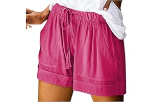 Shffuw Linen Shorts Women Ladies Solid Colour Drawstring with Pockets Elastic Waist Loose Casual Pants Summer Clothes Cotton Beach Walking Shorts for Women UK