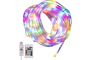 BICMTE Rope Lights Outdoor, IP67 Waterproof outdoor fairy lights, 10M 100 LED Rope Lights, Timer, Low Voltage, Powered by USB, LED Rope Lights with Remote for Garden, Gazebo, Caravan, Camping Tent, Fence