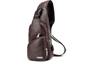 VARLIVOO Hombre Sling Bag Bolsos de Hombro con USB Port Bolsos Cruzados Bandolera Bolsa de Pecho Antirobo Crossbody Bolsa Ciclismo Gimnasia Viajar Impermeable PU Piel Marron Oscuro