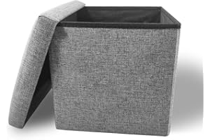 Cosaving Plegable Almacenamiento Taburete Otomanos con Almacenaje Lino Puff Asiento Baúl Cuadrado Caja de almacenaje con Tapa Reposapiés Sofá Cama para Ahorro de Espacio 30x30x30 cm, Gris