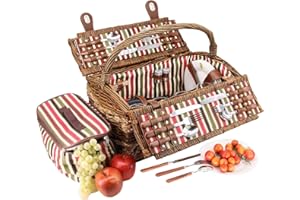 Les Jardins de la Comtesse - Panier Pique-Nique 4 Personnes Montmartre- Osier Naturel Foncé - Glacière Isotherme Amovible - Panier Picnic Original - Rayure Bordeau/Marron - 46 x 30 x 27 cm
