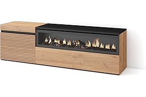 Skraut Home | Mueble TV | Televisión | Muebles de salón, almacenaje | 150x45x35cm | para TV hasta 65" | Chimenea eléctrica | Estilo Moderno | Roble