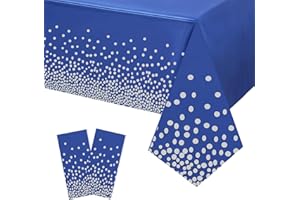 YAAVAAW 2P 137 x 274 cm blu scuro e argento tovaglie usa e getta per feste, coriandoli a pois rettangolari Eid Mubarak, tovaglia in plastica per picnic, compleanno, matrimonio, festa islamica musulmana Eid
