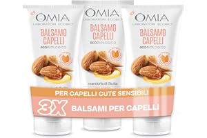 Omia, Balsamo Capelli Eco Bio con Mandorla di Sicilia per Capelli e Cute Sensibile, Formula Delicata, Balsamo per Lavaggi Frequenti, Senza Siliconi e SLES, 3 Flaconi da 180 ml - Esclusiva Amazon