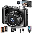 Digital Camera 4K 64MP Autofocus Compact Vlogging Camera with Dual-Lens, 32GB Card, 16X Digital Zoom, 2 Batteries, Flash, Anti-Shake (Black)