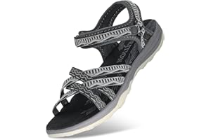 GRITION Frauen Wandernsandalen Sommer Damen Trekking Sport Wasser Schuhe Flach Cross-Tied Beach Peeptoe Verstellbare Klettverschluss Walking Schuhe MEHRWEG