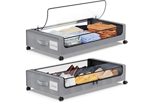 SPEEDEVE Caja de Almacenamiento Debajo de la Cama Con Ruedas,2 Piezas Organizador Ropa con Ventana Transparente Para Zapatos Mantas Juguetes,Gris,2 Piezas