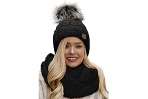 4sold Winter Cappello Set da Donna Taglia Unica di Lana di Mohair e Sciarpa Invernale di Lana Berretto Beanie Fodera in Pile Pompom Artificiale