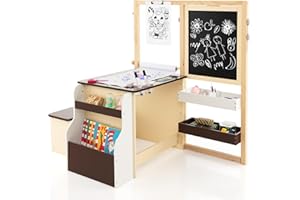 RELAX4LIFE Set Tavolo con Sedie 3 in 1, Cavalletto Regolabile/Scaffale/Scrivania/Lavagna Bianca/Lavagna Nera/Libreria con Tazze,Pennarelli,Gomma, Gessetti,114x81x100 cm (Caffè)