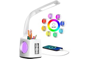 Schreibtischlampe Kinder 7 IN 1 Led Tischleuchte，VAZILLIO 10W Augenschutz Nachttischlampe Dimmbar Stifthalter Tischleuchte mit Lcd Display/kalender/Wecker/USB-Anschluss für kinder