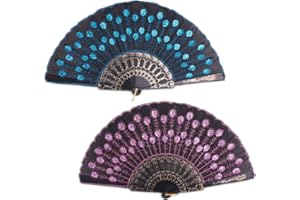Morices 2 Pcs Sequin Folding Fans, Elegant Embroidered Flower Peacock Pattern Handheld Fan, Decorative Hand Fans for Dancing Wedding Party Favors Gift Wall Hanging Decoration (Blue + Pink)
