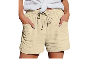 Hsternexy Shorts Damen Sommer Leinen Musselin Kurze Hose Beach Shorts Mit Taschen Mode Lässige Stoffhose Freizeit Shorts Elastische Taille Stretch Gerades Bein Sport Shorts mit Kordelzug Leinenhose