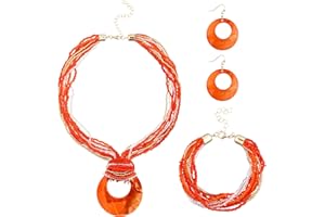 Fiada Set de 4 Bijoux pour Femme Set de Boucles d'Oreilles Collier Bracelet Boho Collier de Perles de Coquillage Fait Main Boucles d'Oreilles Pendantes Gros Bracelet Multi-Rangs