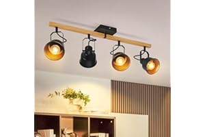 GBLY Plafonnier Spot 4 Flammes Noir : Plafonnier Vintage Pivotant 350° MAX.25W Douille E14 Spot Bois Industriel Barre pour Salon Chambre Bureau (sans Ampoule)