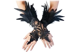 keland Damen Schwarz Feder Spitze Fingerlose Lange Handschuhe für Hochzeit Halloween Maleficent Kostüm