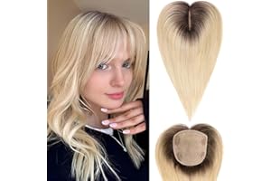 HAIRCUBE Tapa de Cabello 5"*5.5" Base para Mujeres, 14 Pulgadas rubio claro ombré, Tapa de Cabello 100% Cabello Humano Real con Flequillo para Mujeres con Cabello Ralo