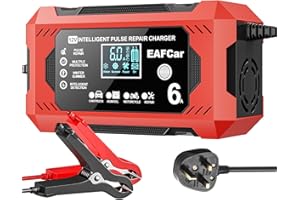 EAFCar 6Amp Car Battery Charger, 12V Smart Trickle Charger and Maintainer, LCD Screen Maintainer/Pulse Repair Activation Pack for Car, Motorcycle, Lead Acid Batteries & AGM. (6A)