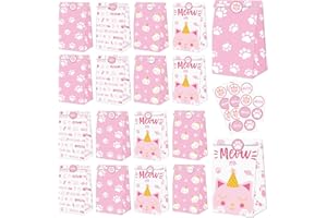 XJLANTTE 20 sacchetti regalo per gatti, sacchetti per dolcetti MEOW con stampa di zampe, sacchetti di carta a tema gatto con adesivi per ragazze, bambini, gattini, animali domestici, bomboniere, decorazioni