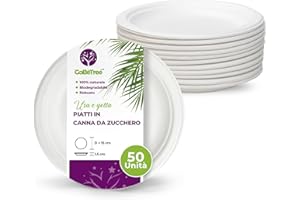 GoBeTree 50 Piatti Monouso Rotondi in Canna da Zucchero da 15 cm Bianchi. Piatti di Carta Usa e Getta Extra Resistenti, per Campeggio, Picnic, Feste, Barbecue, Compleanni.