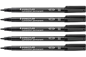 Staedtler Rotulador Permanente Lumocolor, Borrable y Resistente Al Agua En Casi Todas Las Superficies, Ancho de Trazo M 1 Mm, Recargable, de Larga Duración, 5 Rotuladores Negros Universales, 317-9X