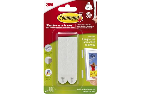 Command Languettes Accroches Tableaux Moyen Modèle, 8 x 2 Languettes, 5,4 kg, Blanc - Fixation sans Dommage