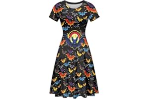 Amzbeauty Women's Halloween Sugar Skull Red Rose Short Mini Party Swing Dress High Waist Flower Dress for Women Summer