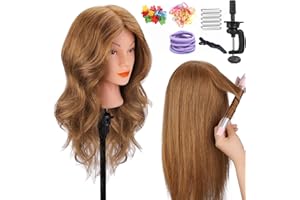 Cabeza Peluqueria Pelo Natural, MYSWEETY 100% Cabello Humano 18" Cabeza Maniqui Marrón Claro Maniquí Peluquería Pelo Natural para Plancha, Rizador, Practicar Todo Tipo de Peinados, Curso de Peliqueria