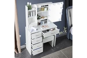 Puselo Dressing Table Vanity Makeup Table with Lights Mirror, Drawers,Cushioned Stool,Large Makeup Desk Set Vanity Desk for Women Girls Bedroom (1907 with charging station)