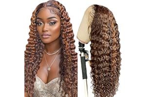 Weeybay Pelucas Mujer Pelo Natural Humano Deep Wave Human Hair Wig Glueless Wear and Go 4X1 Lace Closure Cabello Humano with Baby Hair Bleached Knot Highlight Brown Color 28 Inch
